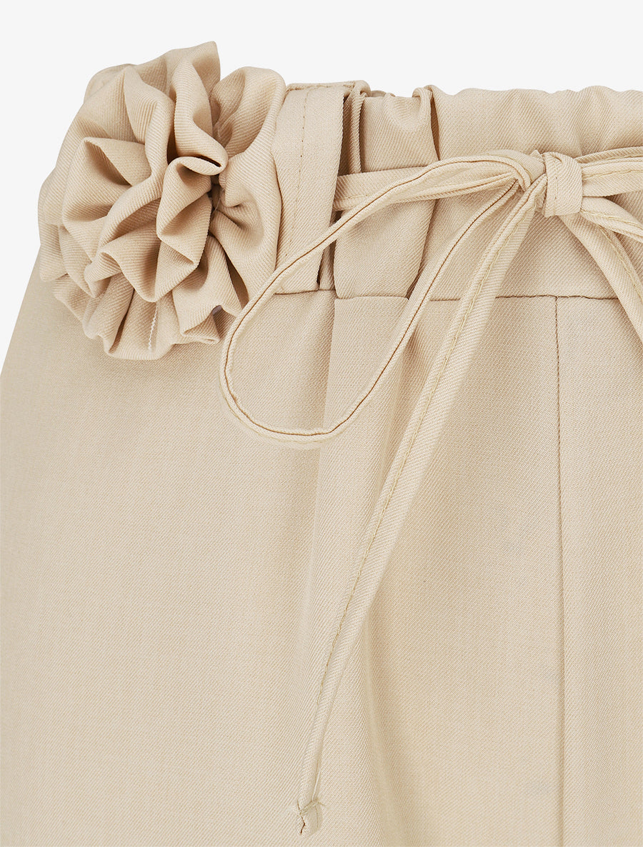 Pantalon droit taille haute à ceinture fleurie - Beige - 3