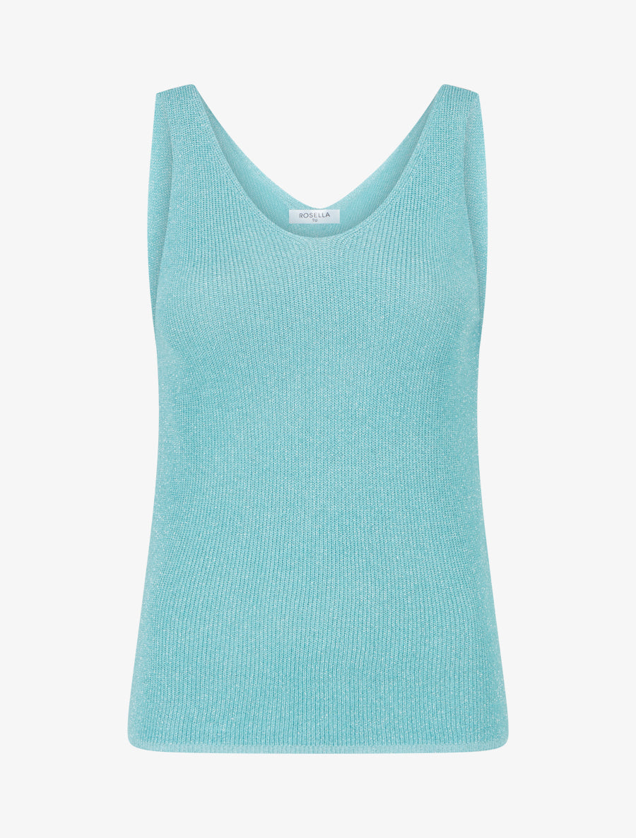 Débardeur uni en maille irisée à col V - Bleu turquoise - 1