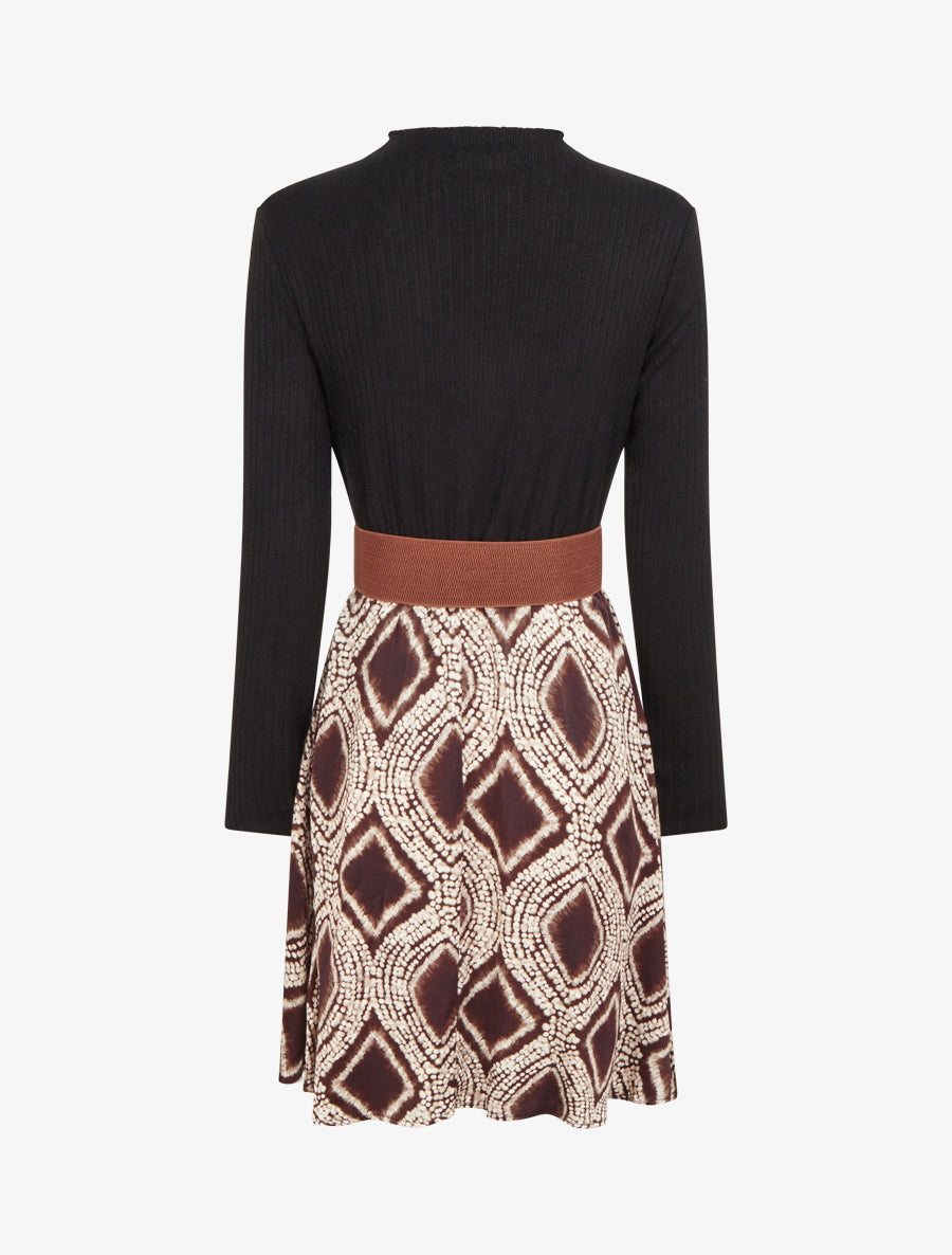 Robe évasée bi-matière imprimé fantaisie - Marron - 2