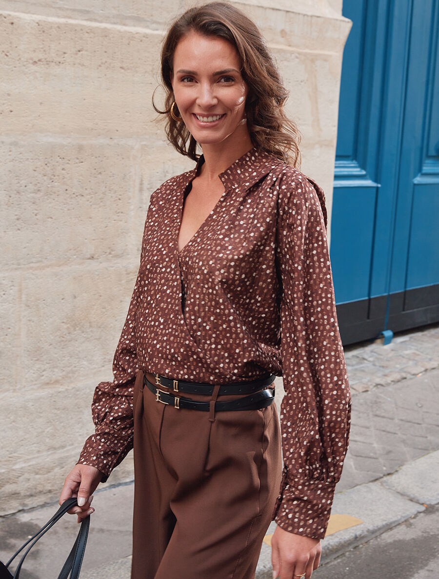 Blouse cache-coeur imprimé pois - Marron - 4
