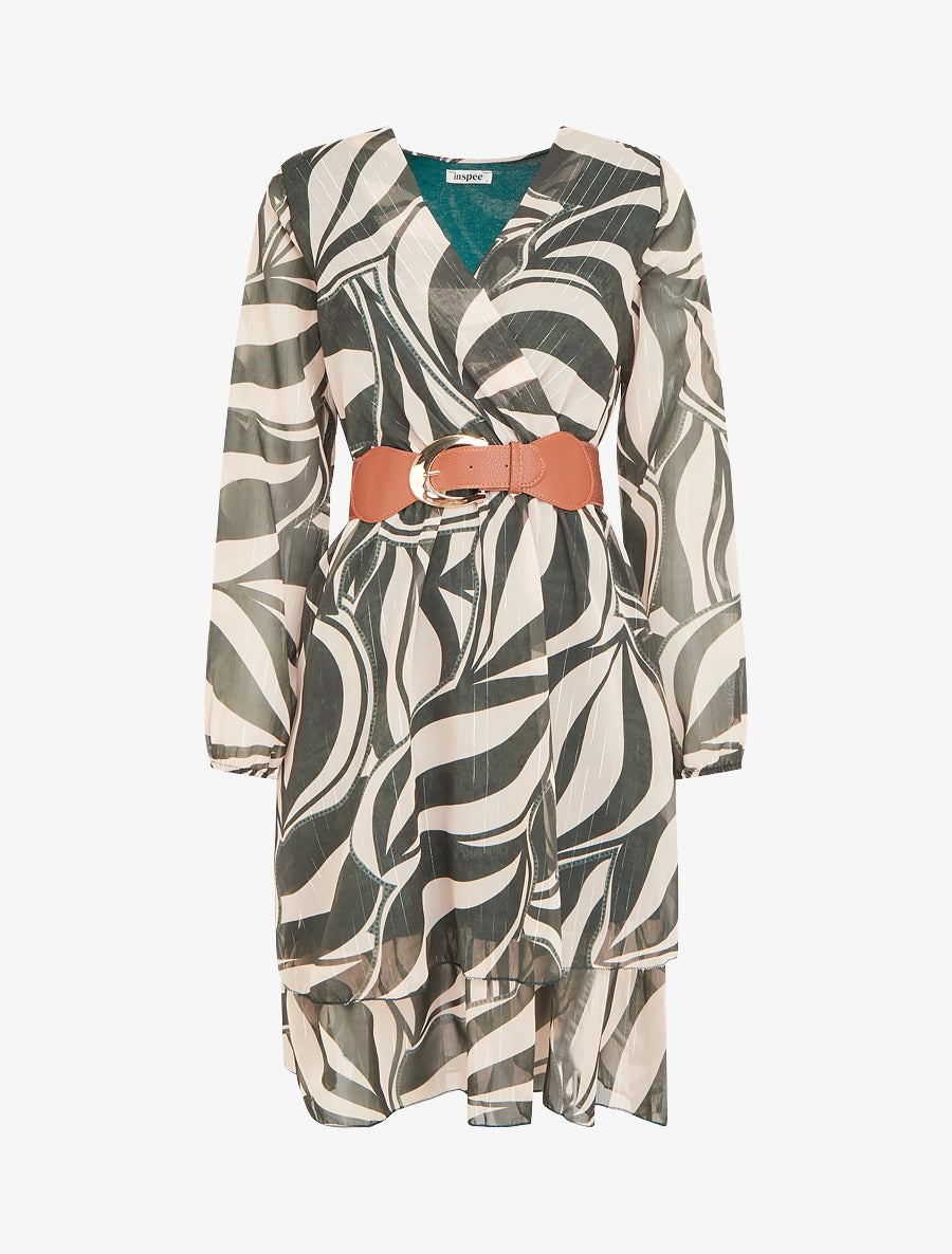 Robe patineuse en voile imprimé graphique - Kaki - 1