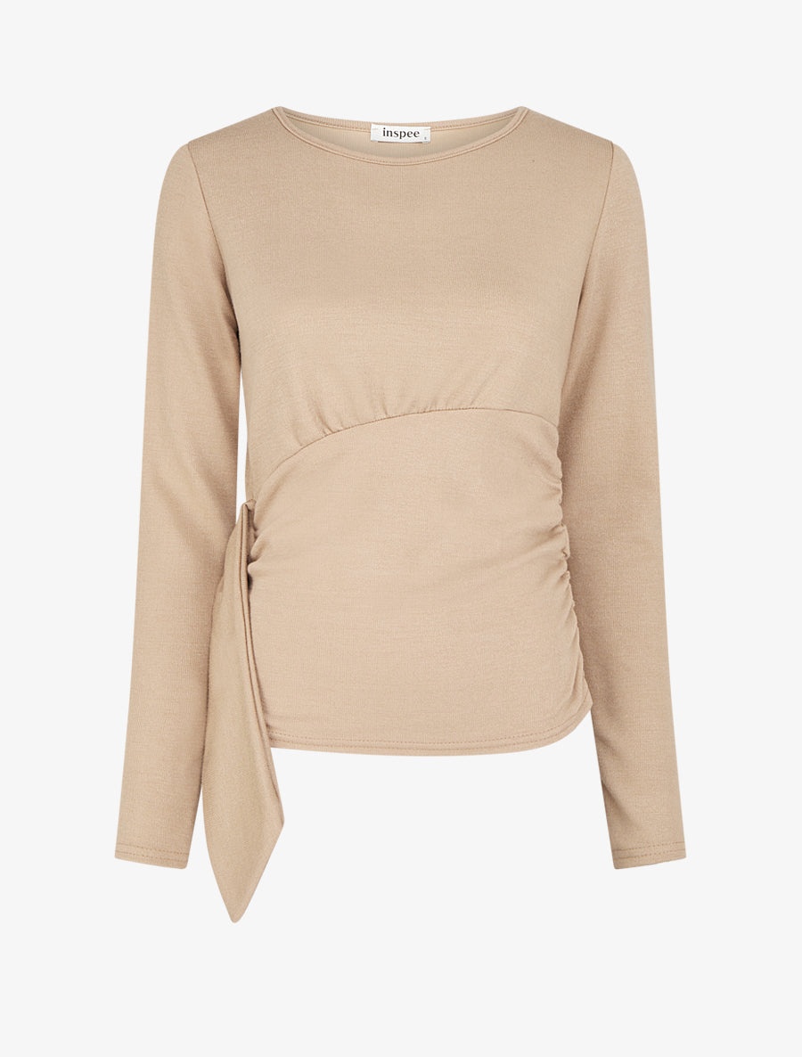 Pull fin uni à cotés froncés et pan décoratif - Beige - 1