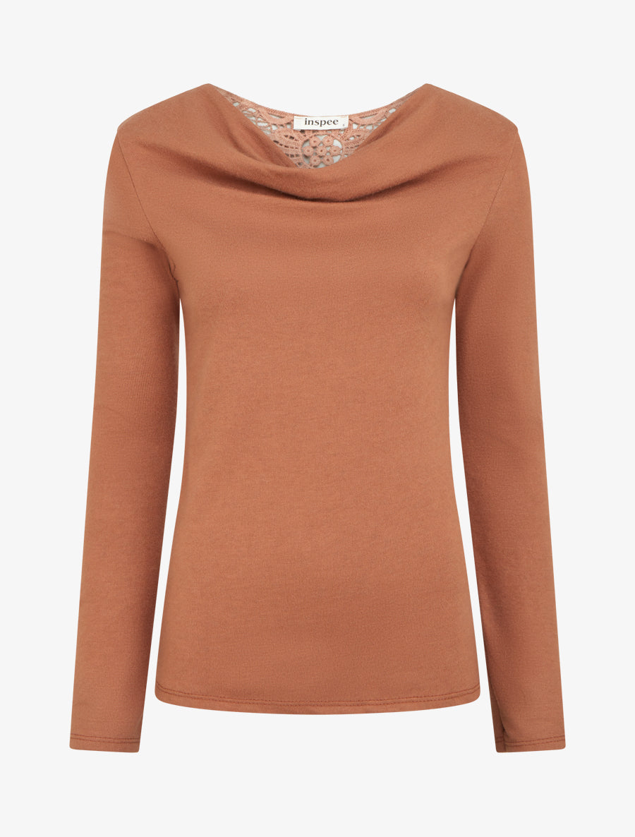 Pull à col bénitier et dos en crochet - Camel - 1