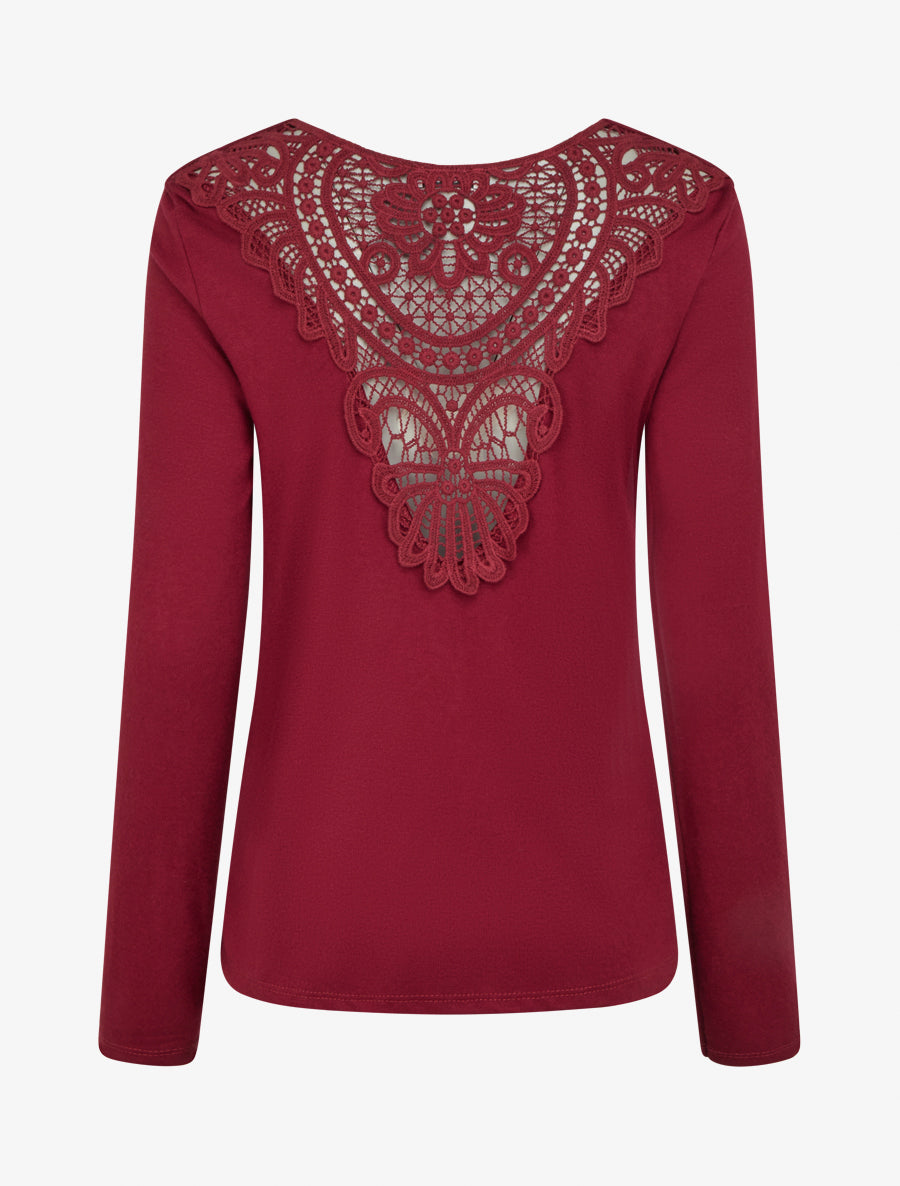 Trui met watervalhals en gehaakte achterkant - Bordeaux