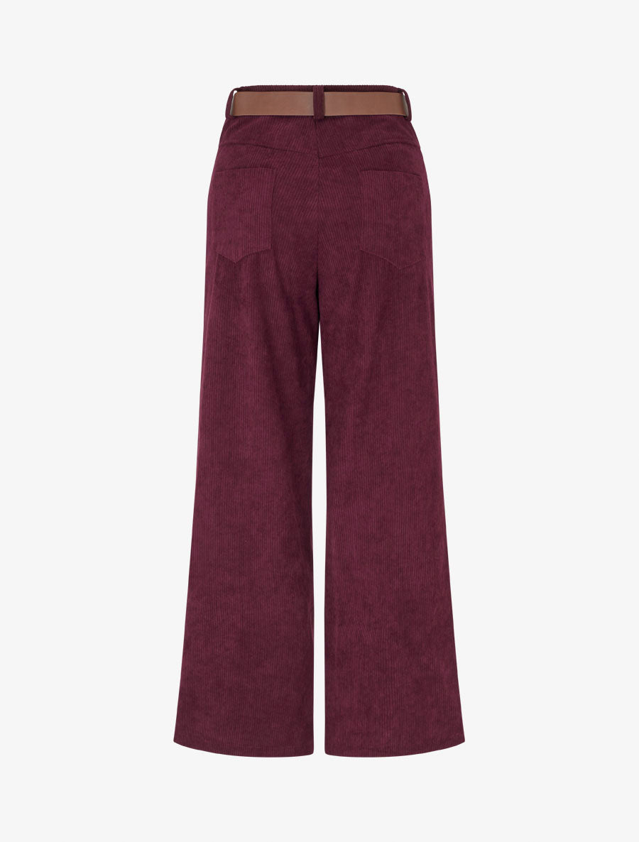 Pantalon ceinturé taille haute en velours côtelé - Prune - 2