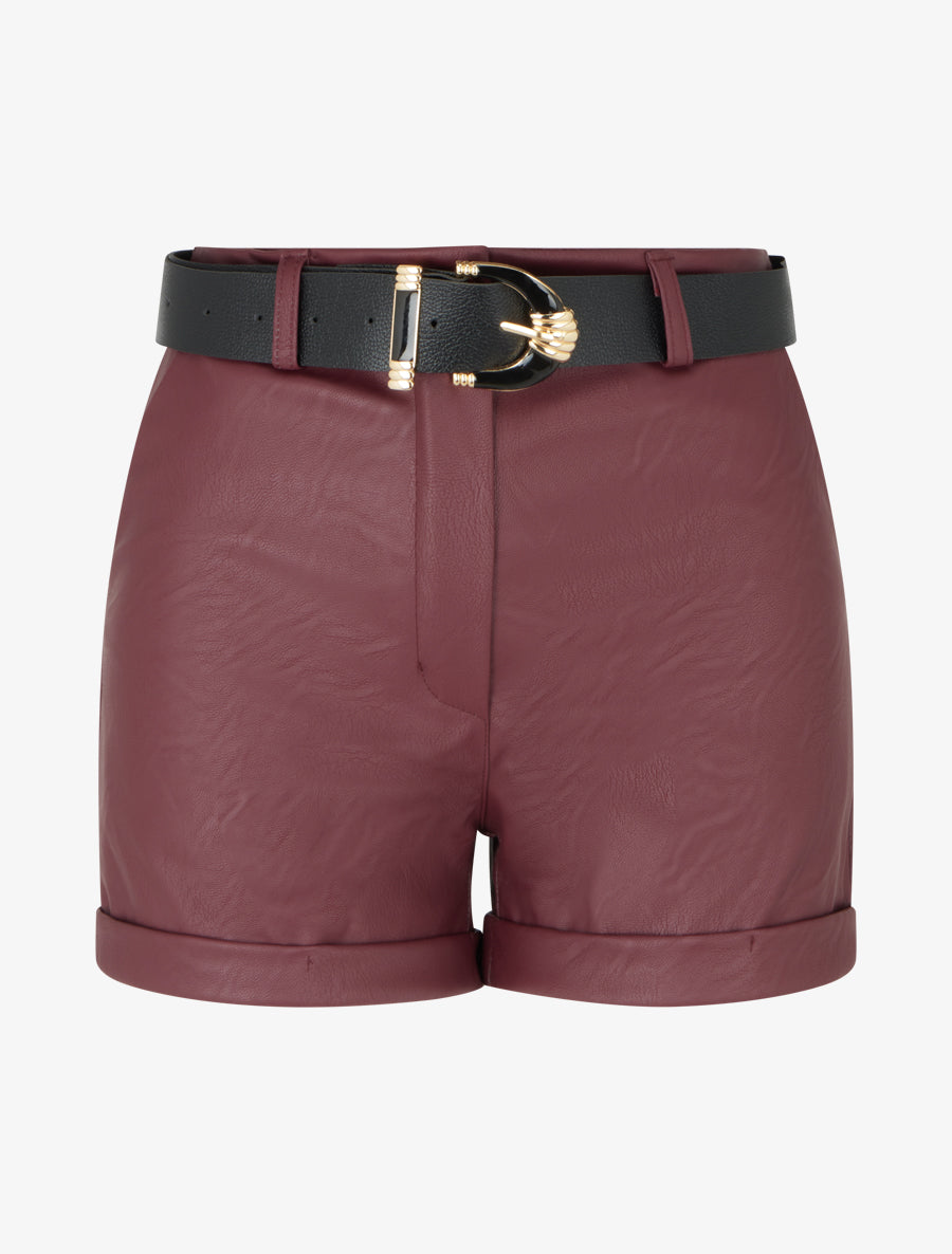 Short ceinturé à revers en simili - Lie de vin - 1