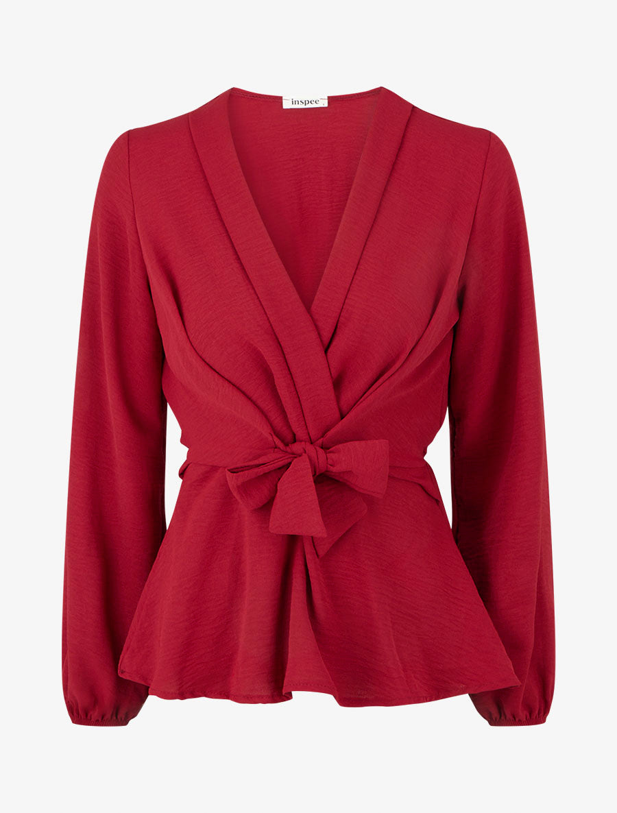 Blouse unie élastiquée à col cache coeur - Bordeaux - 1