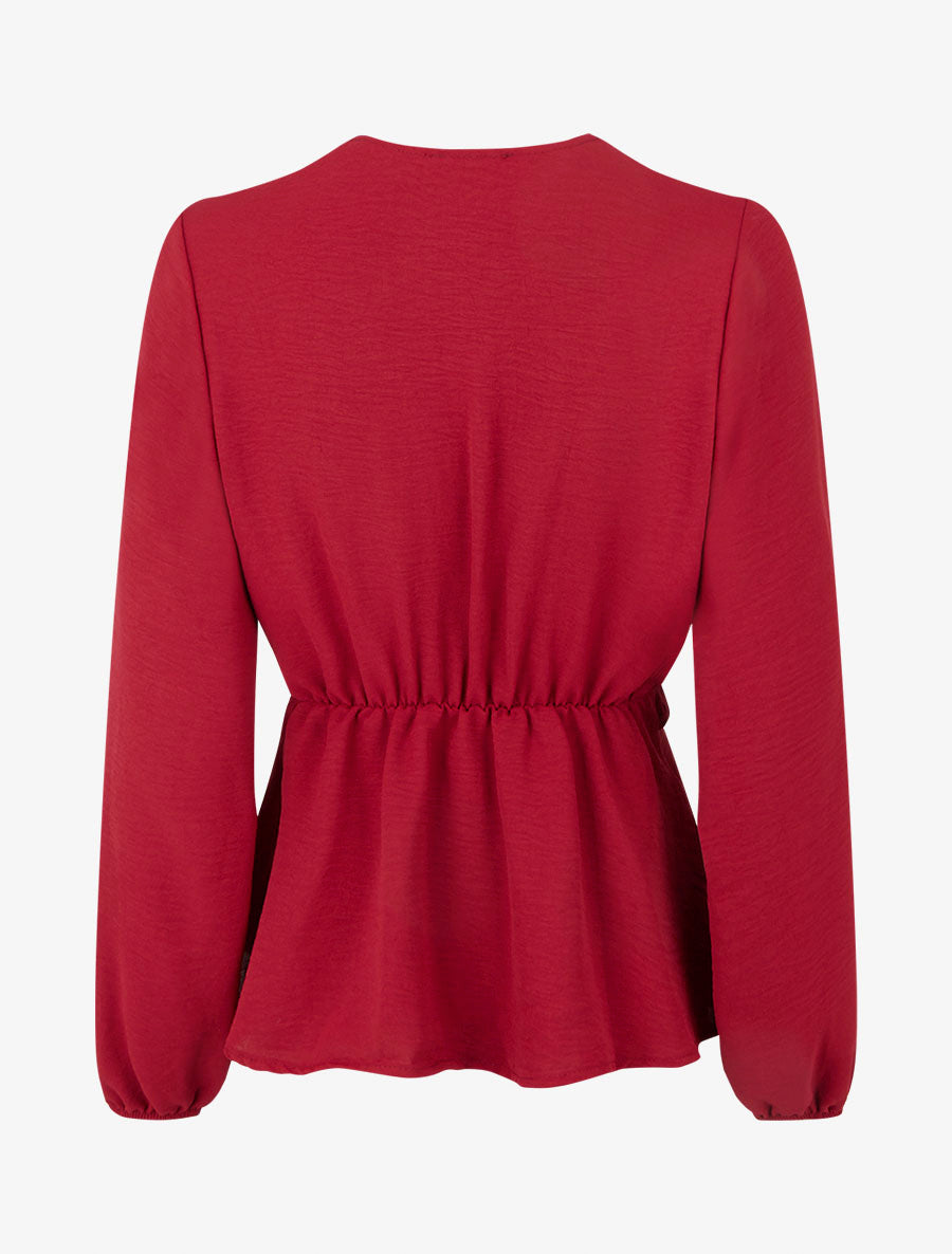 Blouse unie élastiquée à col cache coeur - Bordeaux - 2