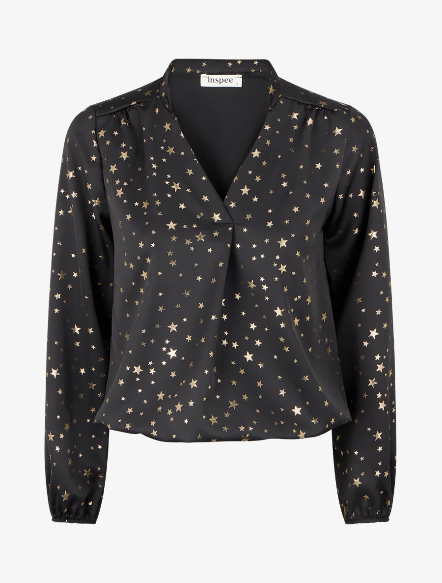 Blouse satinée à motif étoiles irisées - Noir - 1