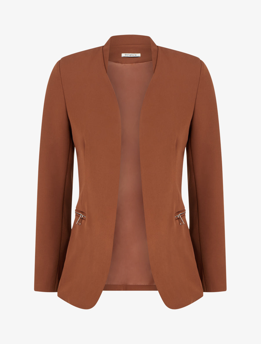 Veste unie à poches décoratives zippées - Camel - 1
