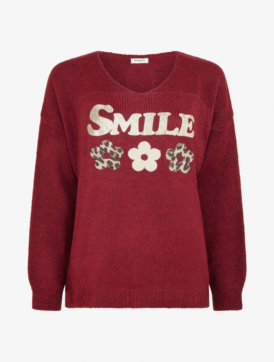 Pull uni en maille à flocage - Bordeaux - 1