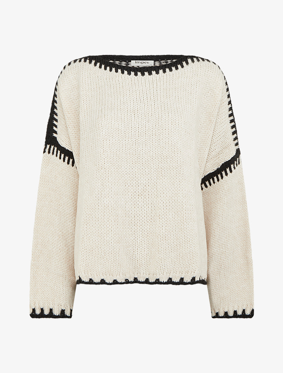 Pull en maille uni à bandes contrastantes - Beige - 1