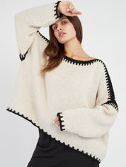 Effen gebreide trui met contrasterende strepen - Beige