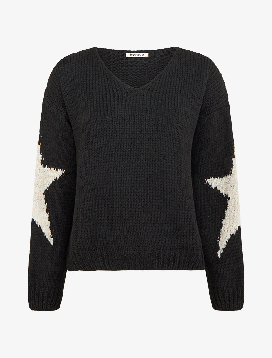 Pull en maille uni à motifs étoiles - Noir - 1