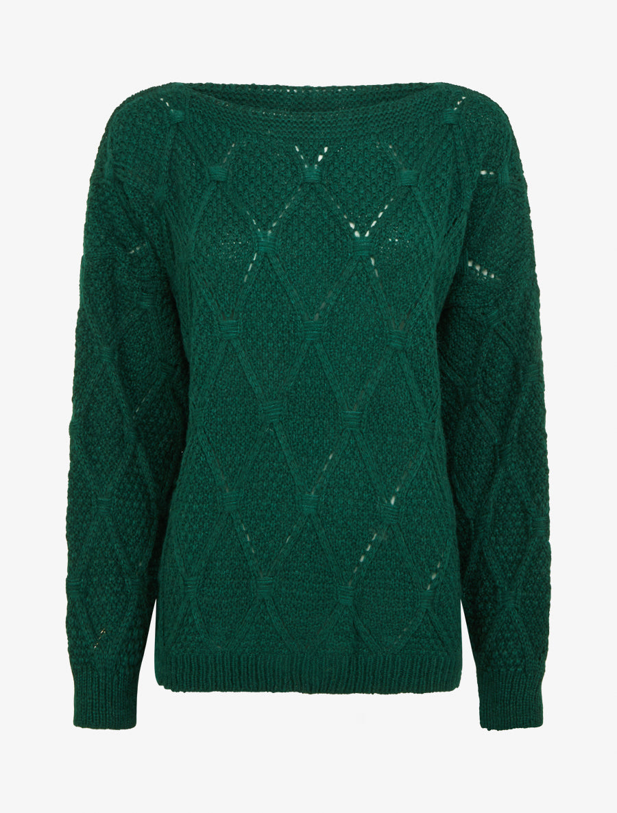 Pull uni ajouré à col rond - Vert sapin - 1