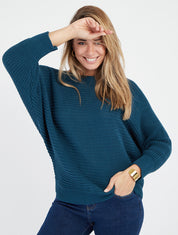 Effen trui met vleermuismouwen - Eendenblauw