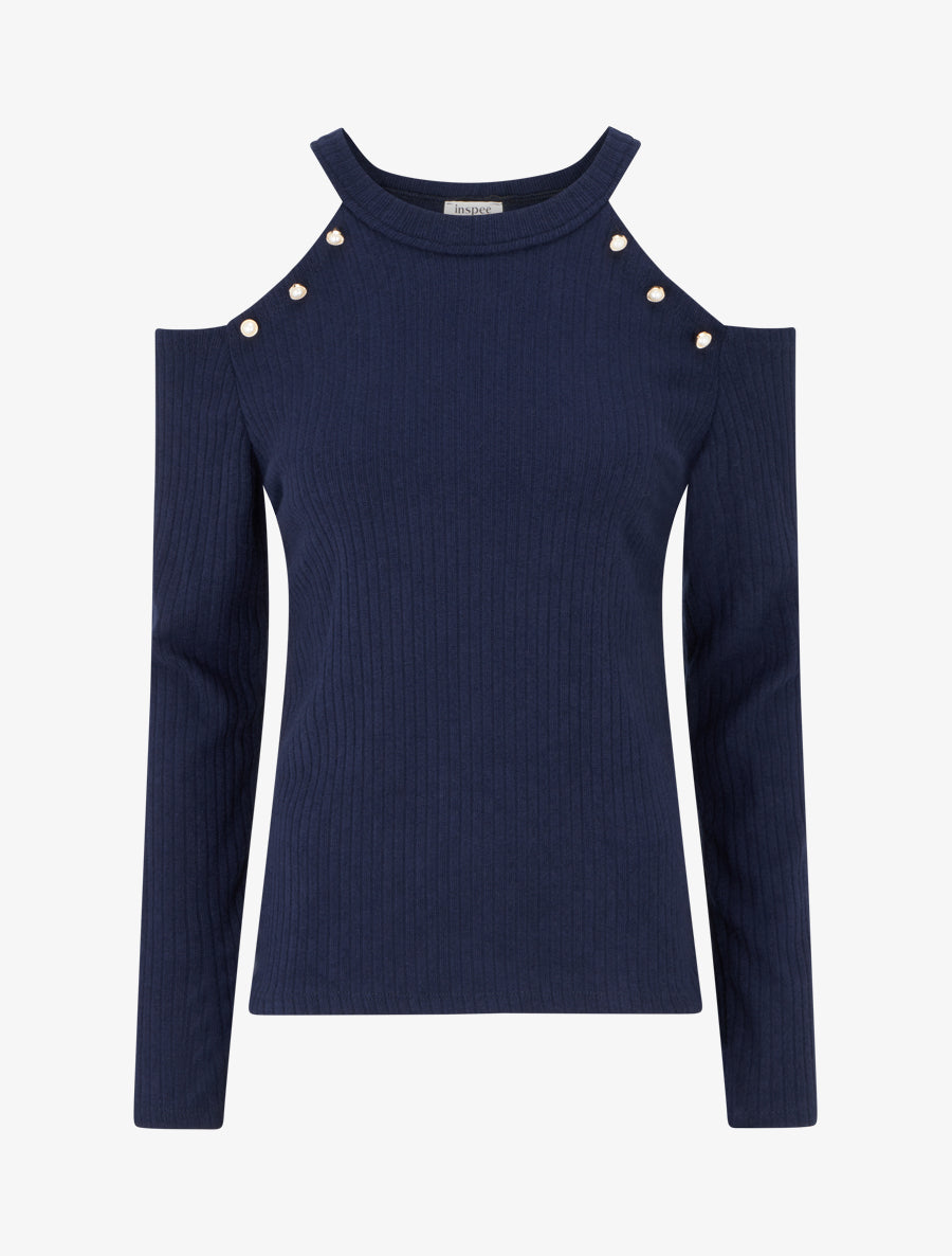 Pull côtelé à épaules dénudées - Marine - 1