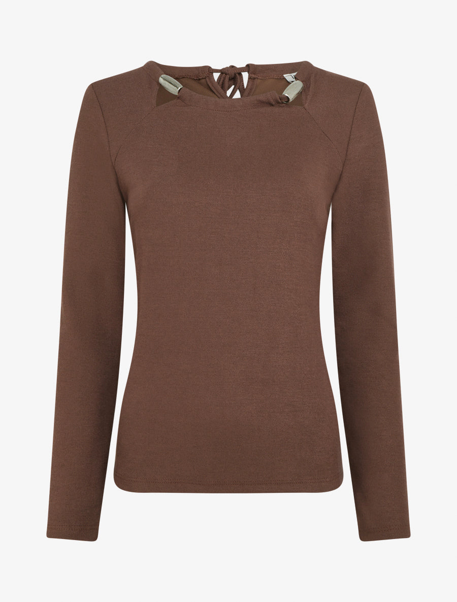 Pull fin uni à empiècement bijoux - Marron - 1