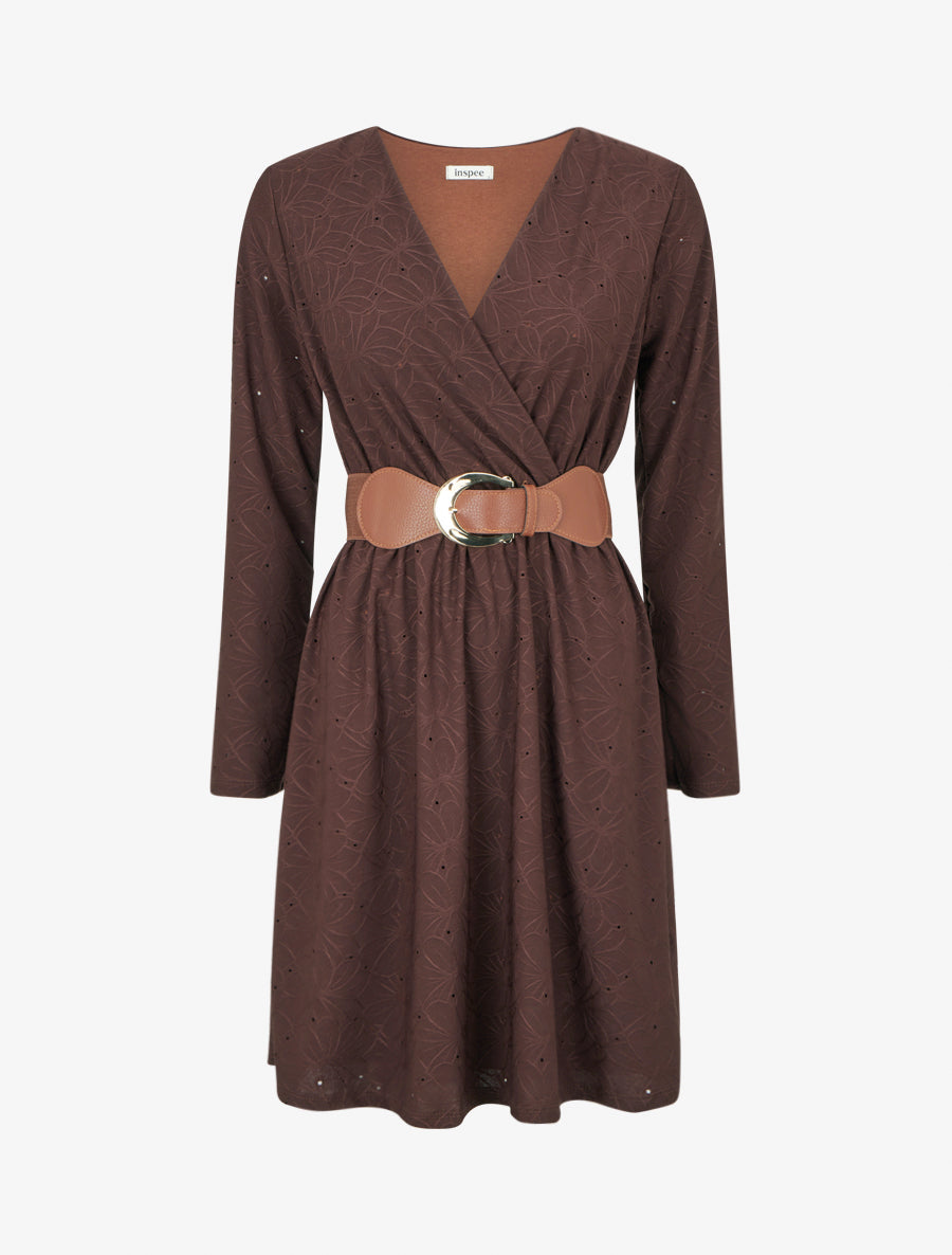 Robe evasée effet fleurs brodées - Marron - 1