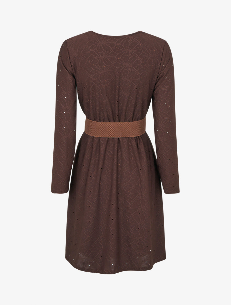 Robe evasée effet fleurs brodées - Marron - 2