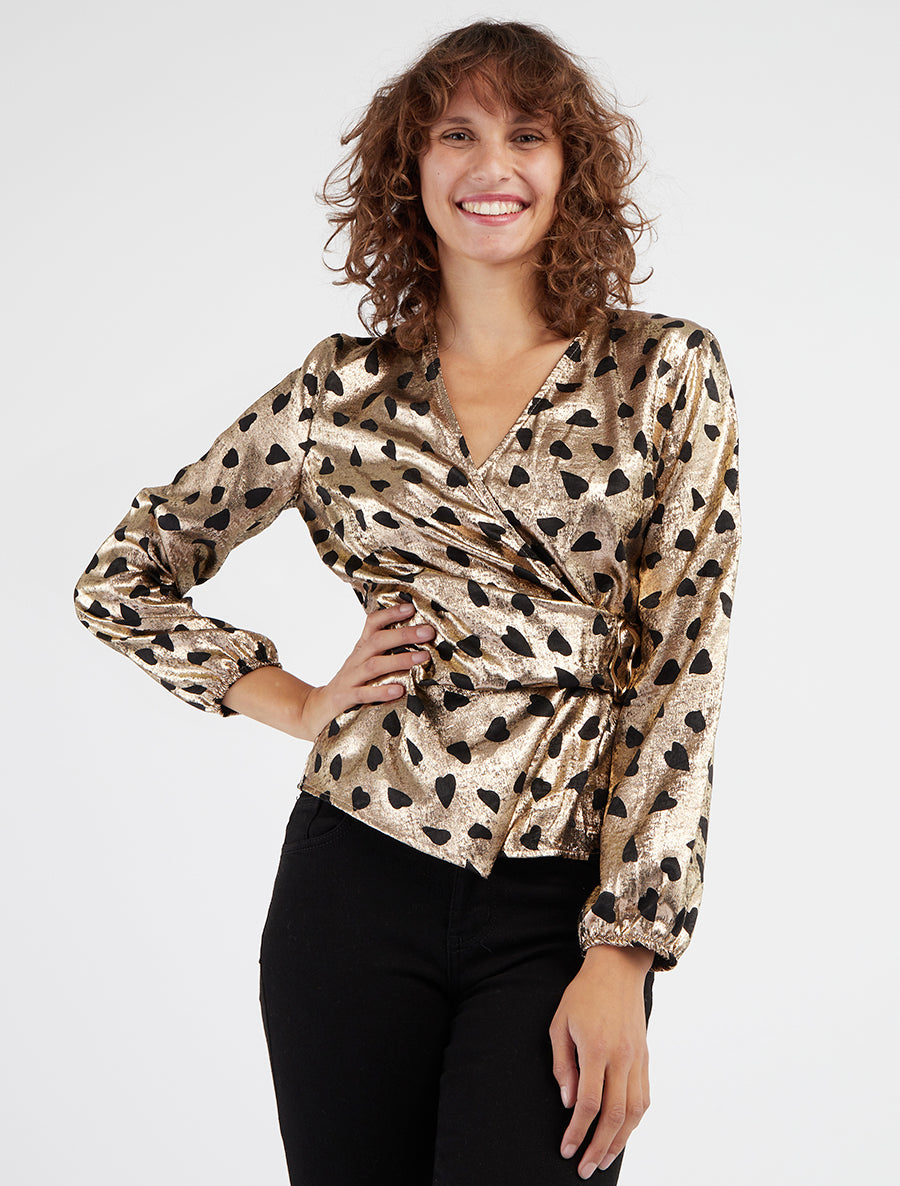 Elastische iriserende blouse met hartenprint - Goud