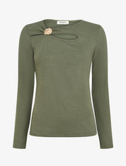 Pull ajouré à empiècement bijou - Kaki - 1