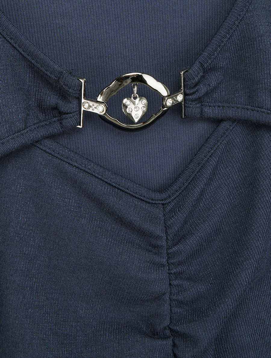Pull fin à empiècement bijou strassé - Marine - 3