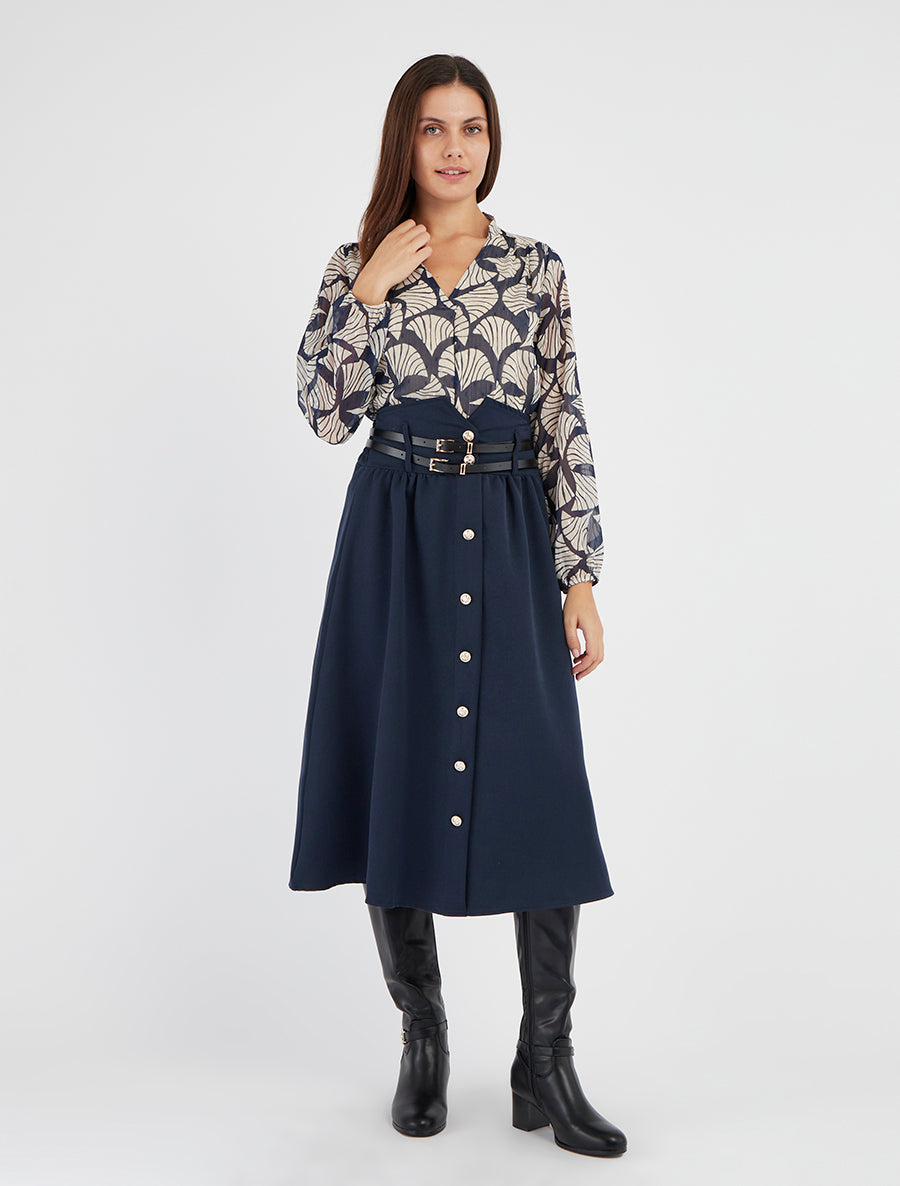 Jupe midi à double ceinture - Marine - 8