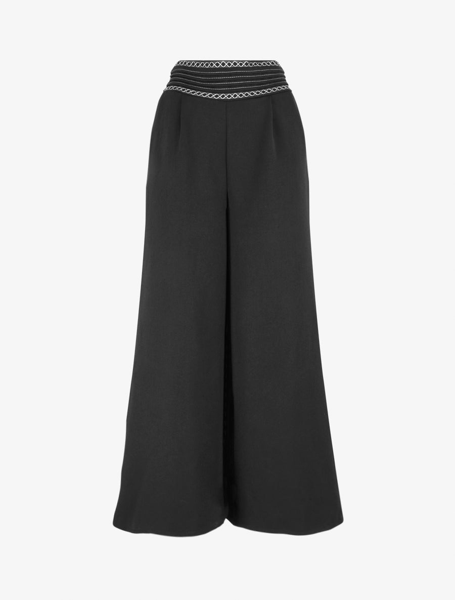 Pantalon ample uni à détail brodé - Noir - 1
