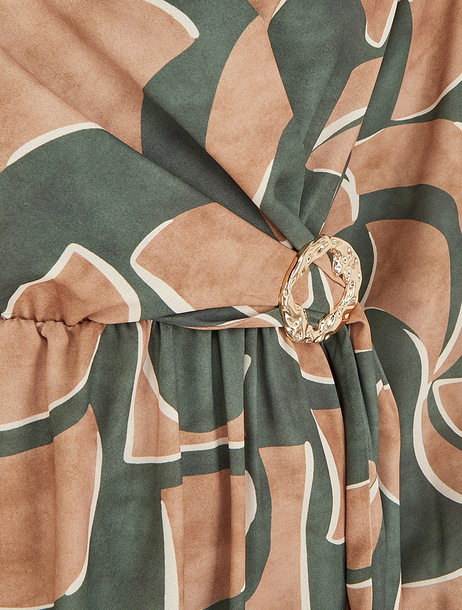 Robe élastiquée imprimé abstrait - Kaki - 3