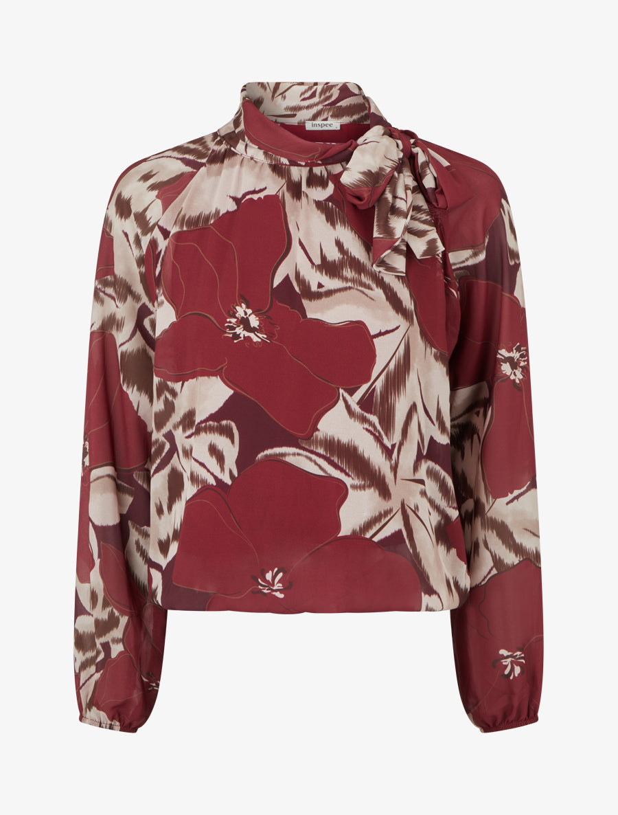 Blouse en voile imprimé floral à nouer - Lie de vin - 1
