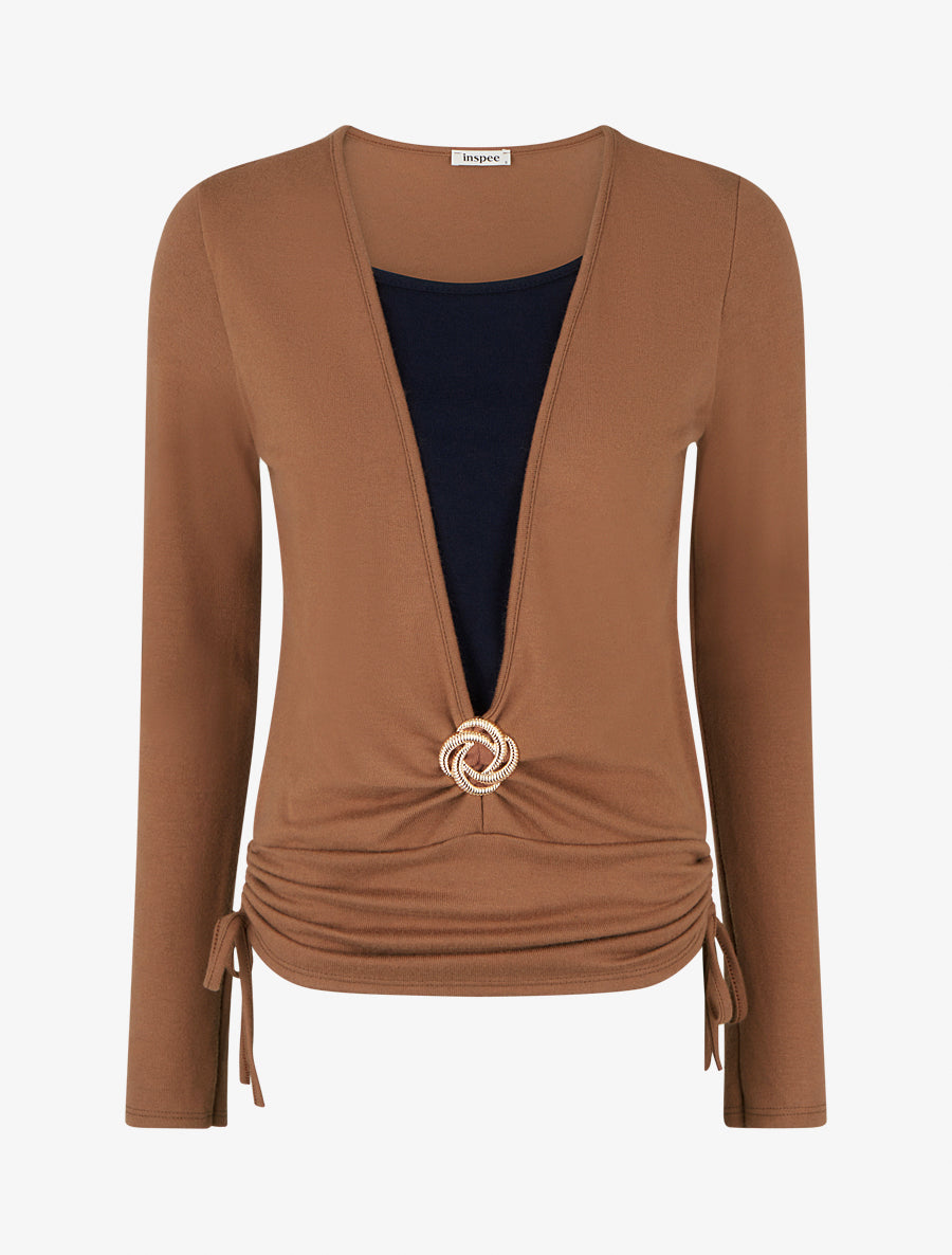 Pull à bords froncés et boucle décorative - Camel - 1