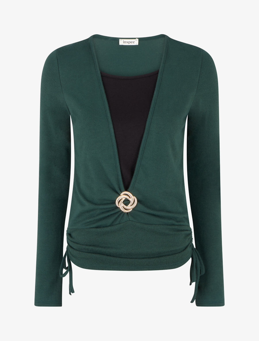 Pull à bords froncés et boucle décorative - Vert foncé - 1