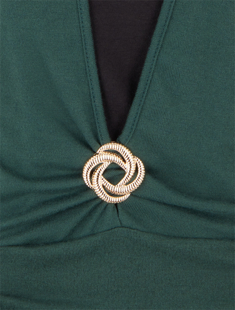 Pull à bords froncés et boucle décorative - Vert foncé - 3