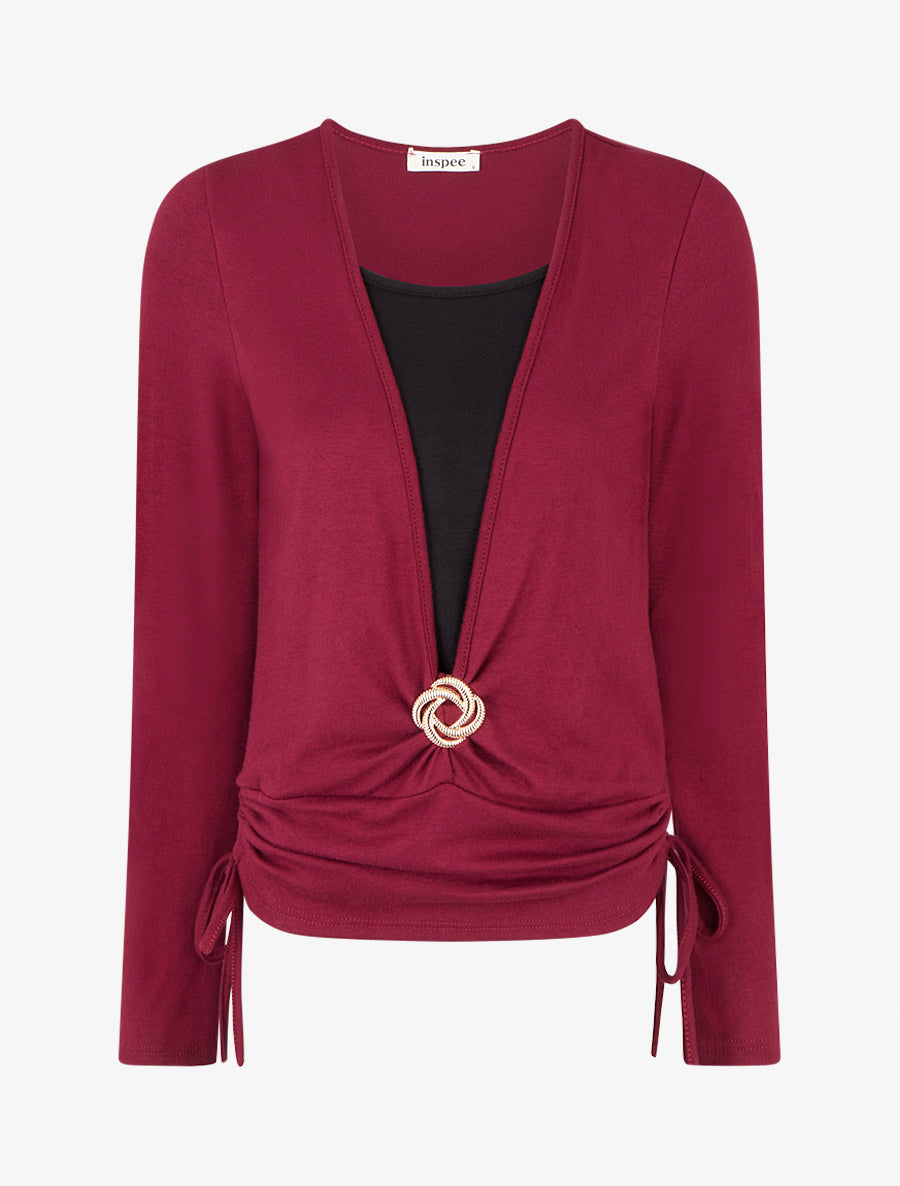 Pull à bords froncés et boucle décorative - Lie de vin - 1