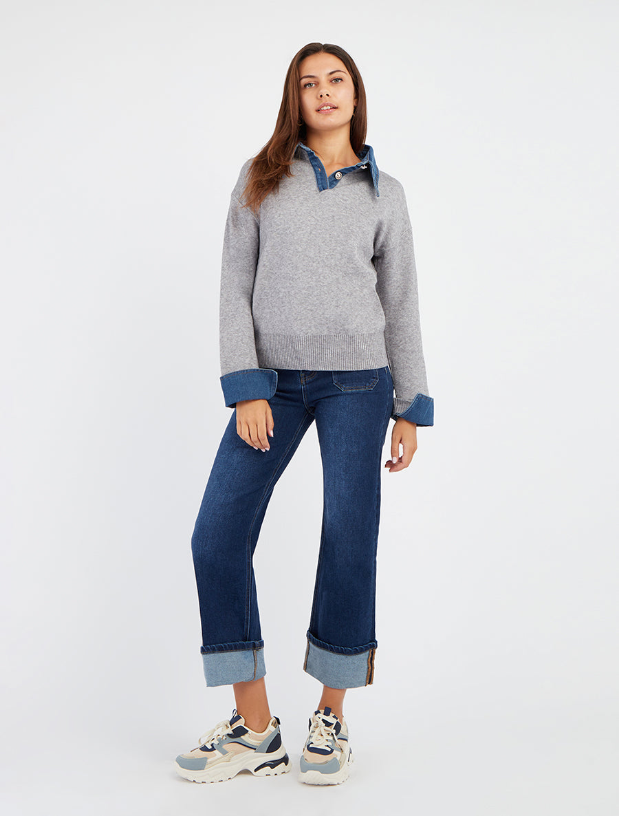 Pull uni à empiècement denim - Gris - 8
