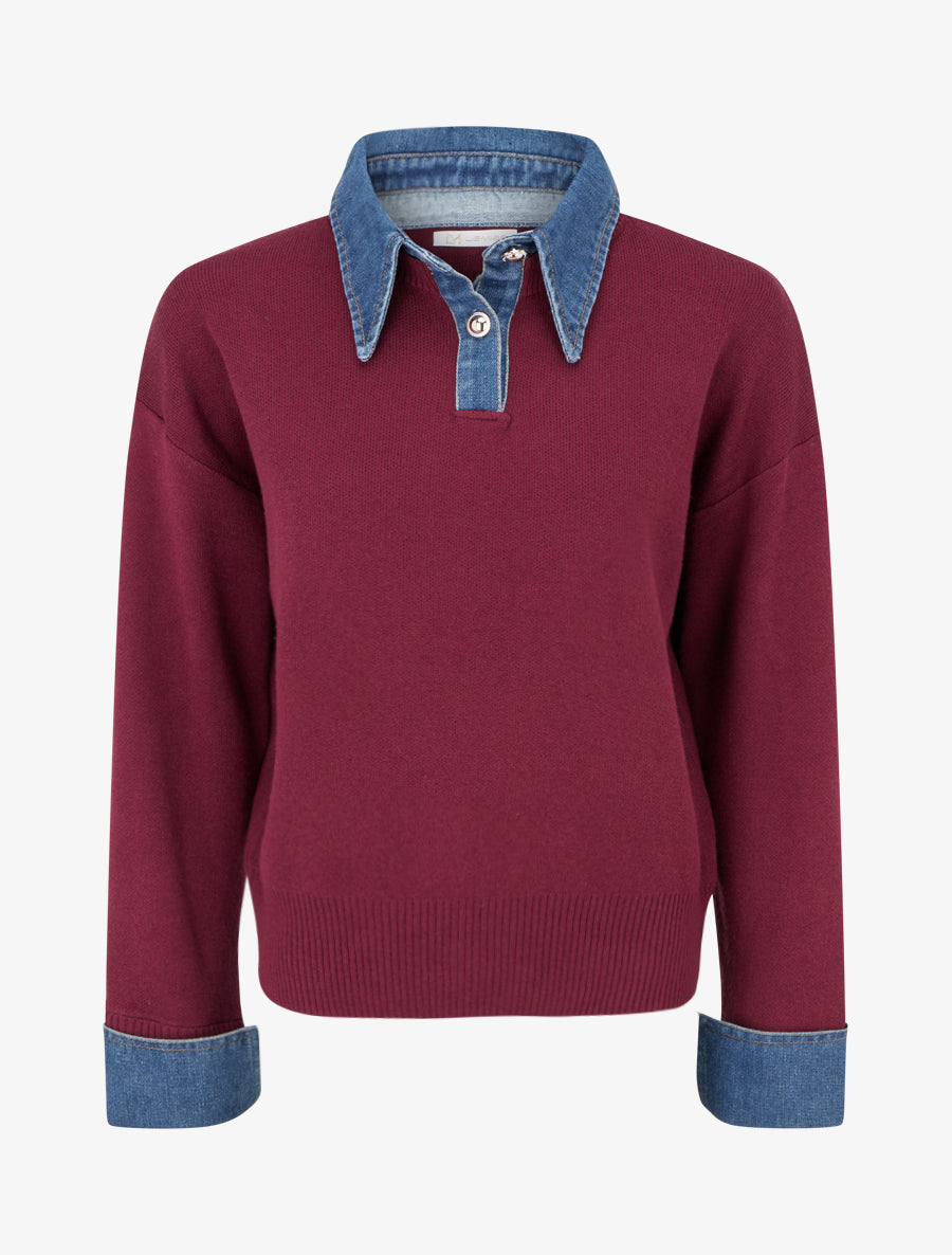 Pull uni à empiècement denim - Lie de vin - 1