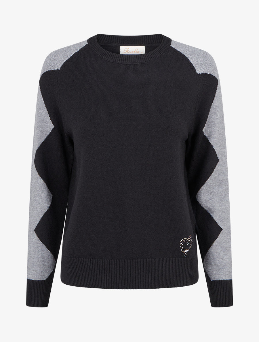 Pull à détail coeur et bijou strassé - Noir - 1