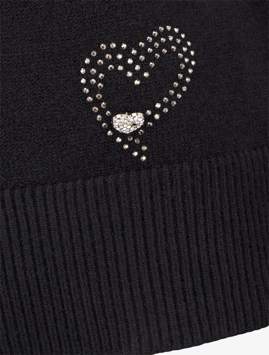 Pull à détail coeur et bijou strassé - Noir - 3
