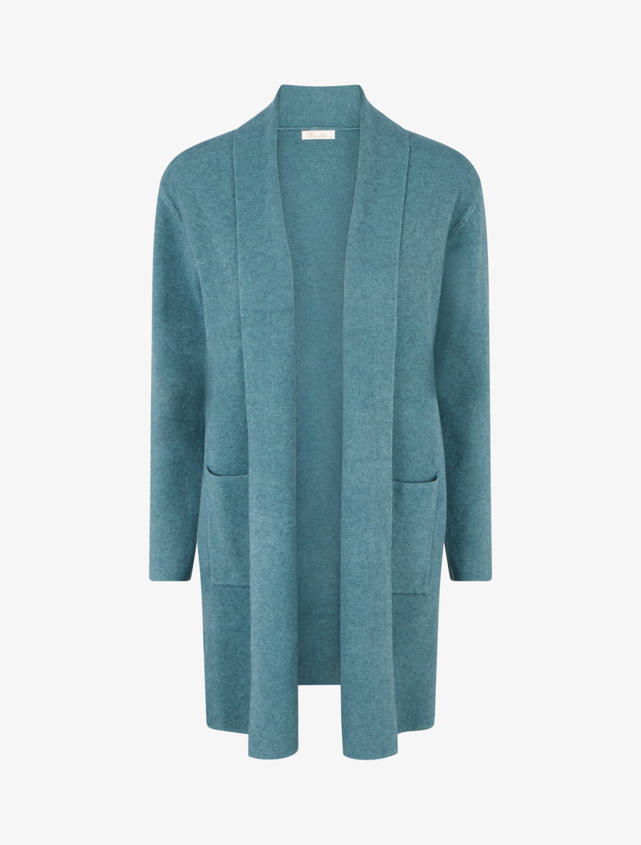 Gilet droit long à col châle - Bleu vert - 1