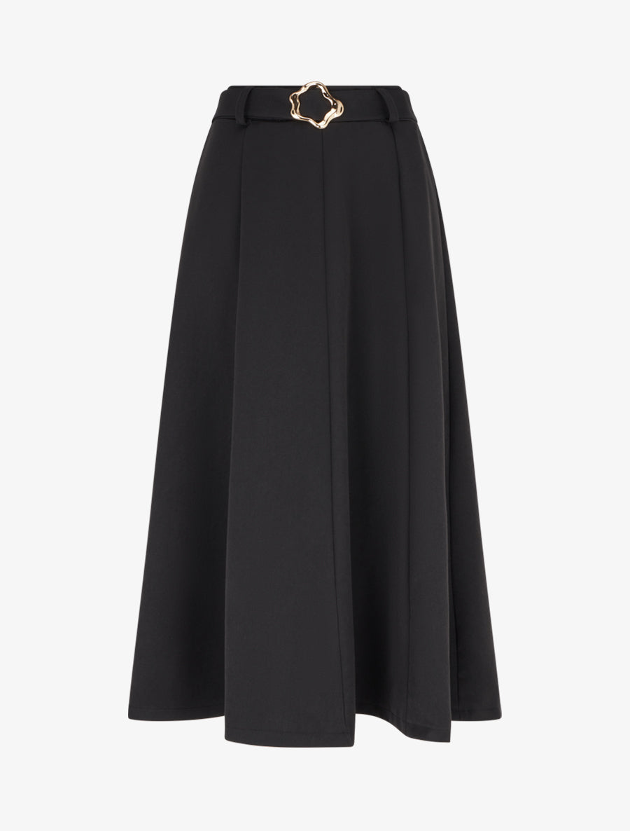 Jupe mi-longue unie à empiècement bijou - Noir - 1