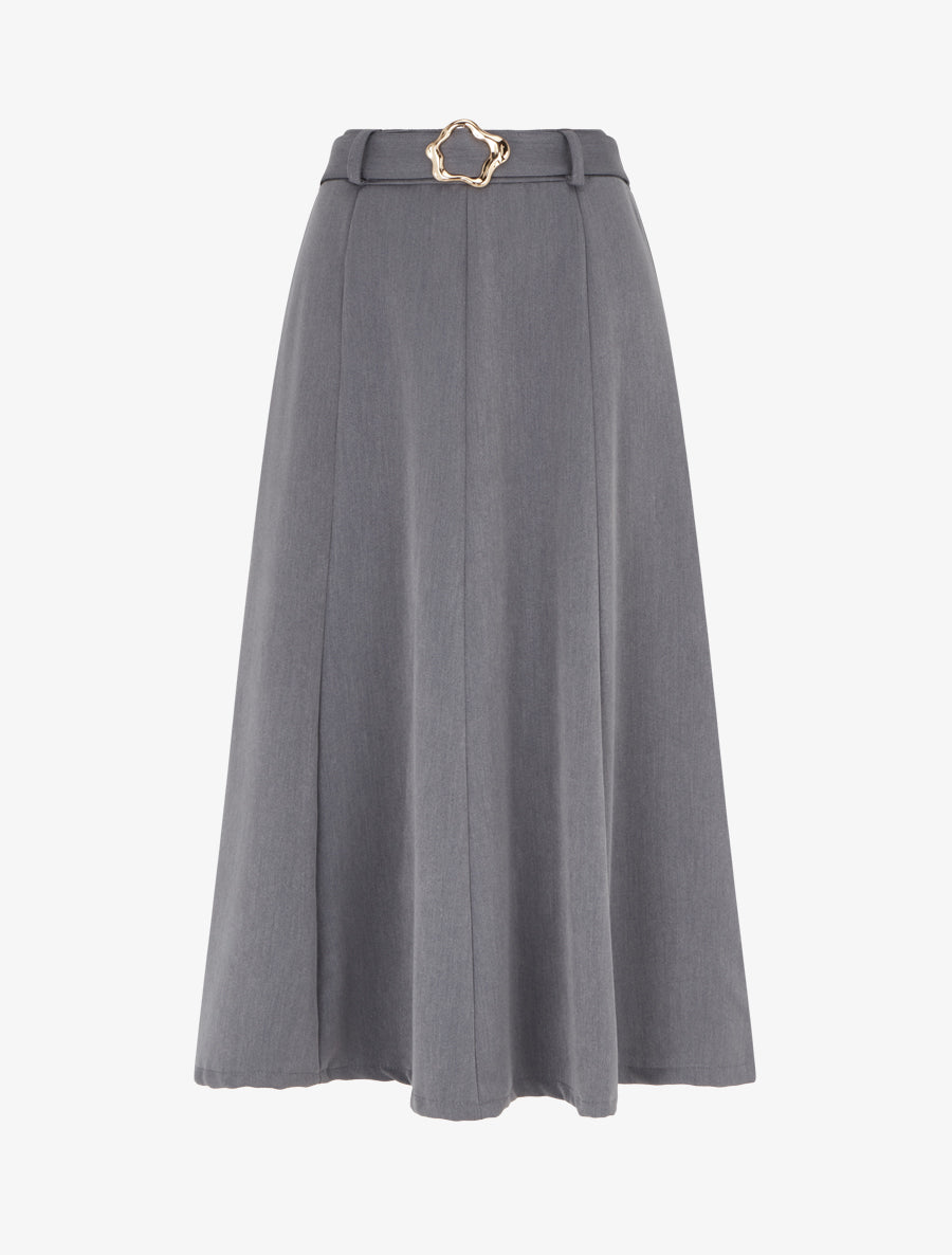 Jupe mi-longue unie à empiècement bijou - Gris - 1