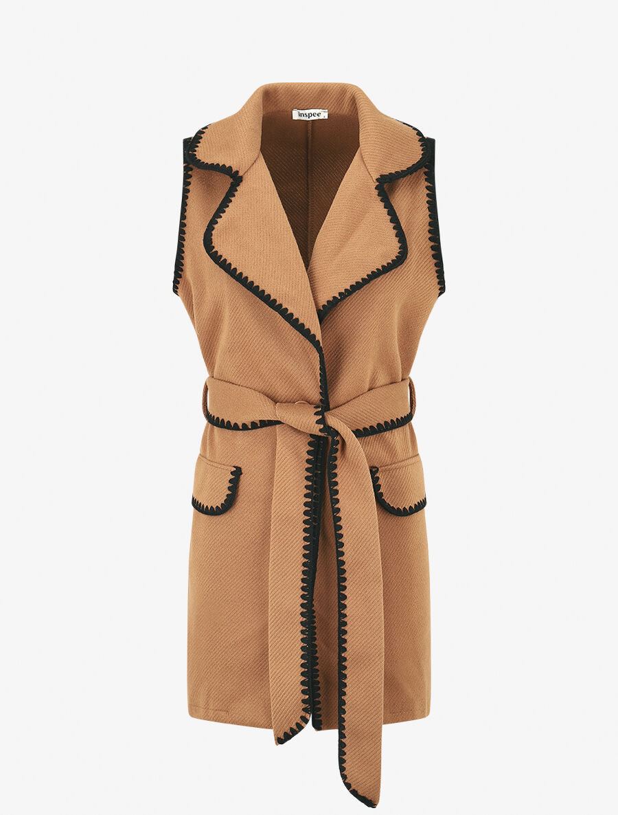 Gilet long sans manches à détail brodé - Camel - 1
