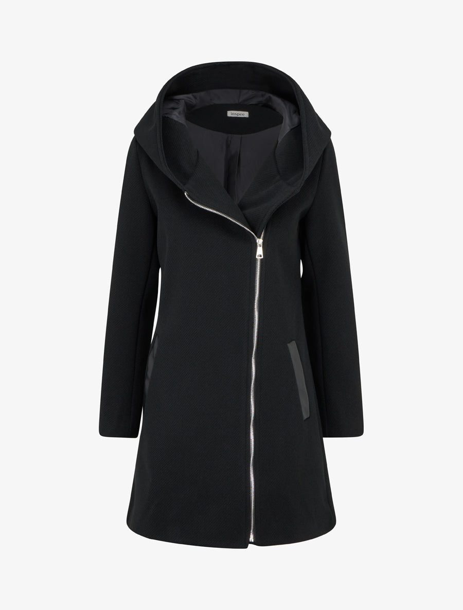 Manteau à capuche et empiècements simili - Noir - 1