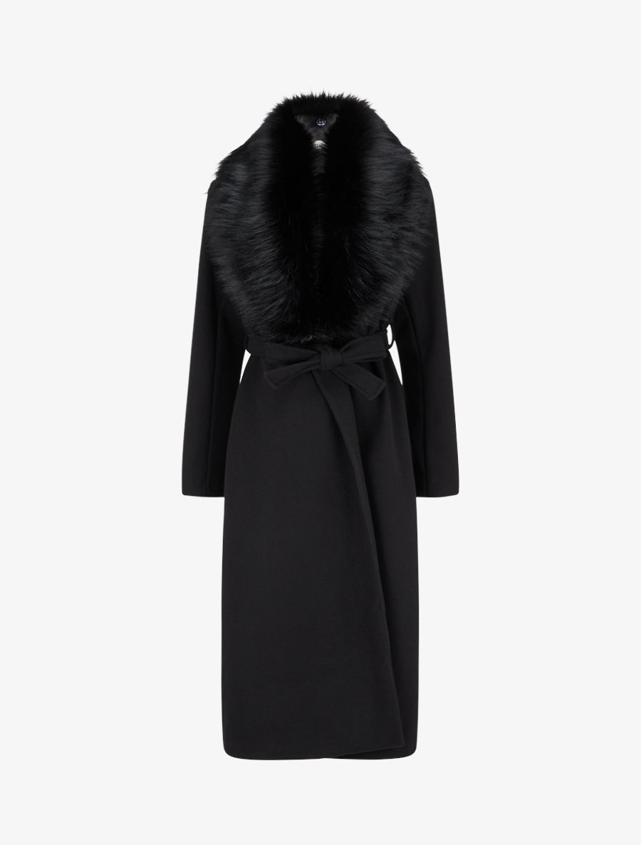 Manteau long à col en fourrure synthétique - Noir - 1