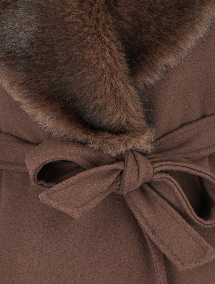 Manteau long à col en fourrure synthétique - Marron - 3