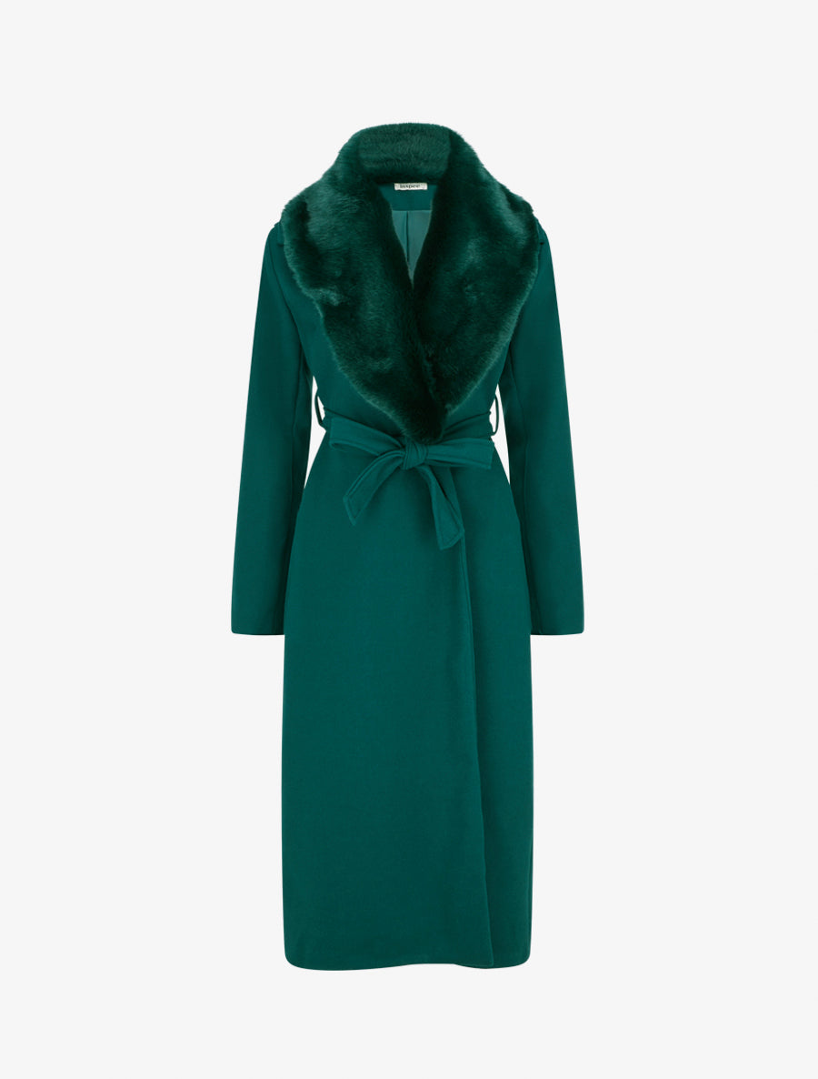 Manteau long à col en fourrure synthétique - Vert sapin - 1