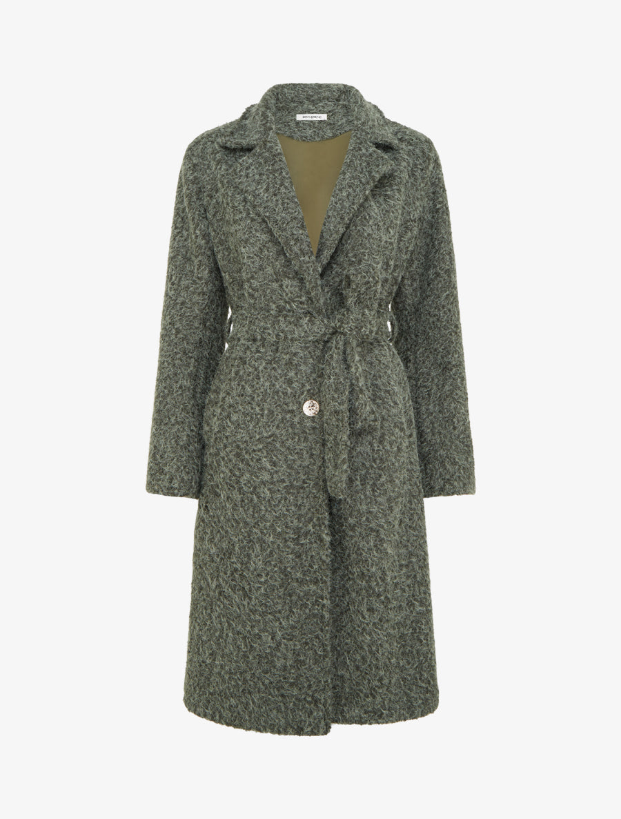 Manteau uni duveteux à col cranté - Kaki - 1