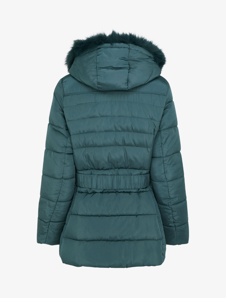 Doudoune ceinturée à capuche en fourrure synthétique - Bleu canard - 2