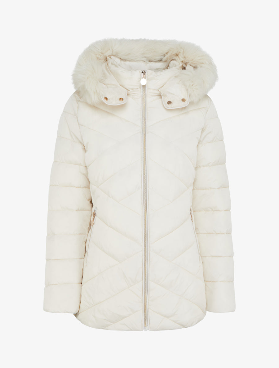 Doudoune matelassée à capuche fourrure synthétique - Crème - 1